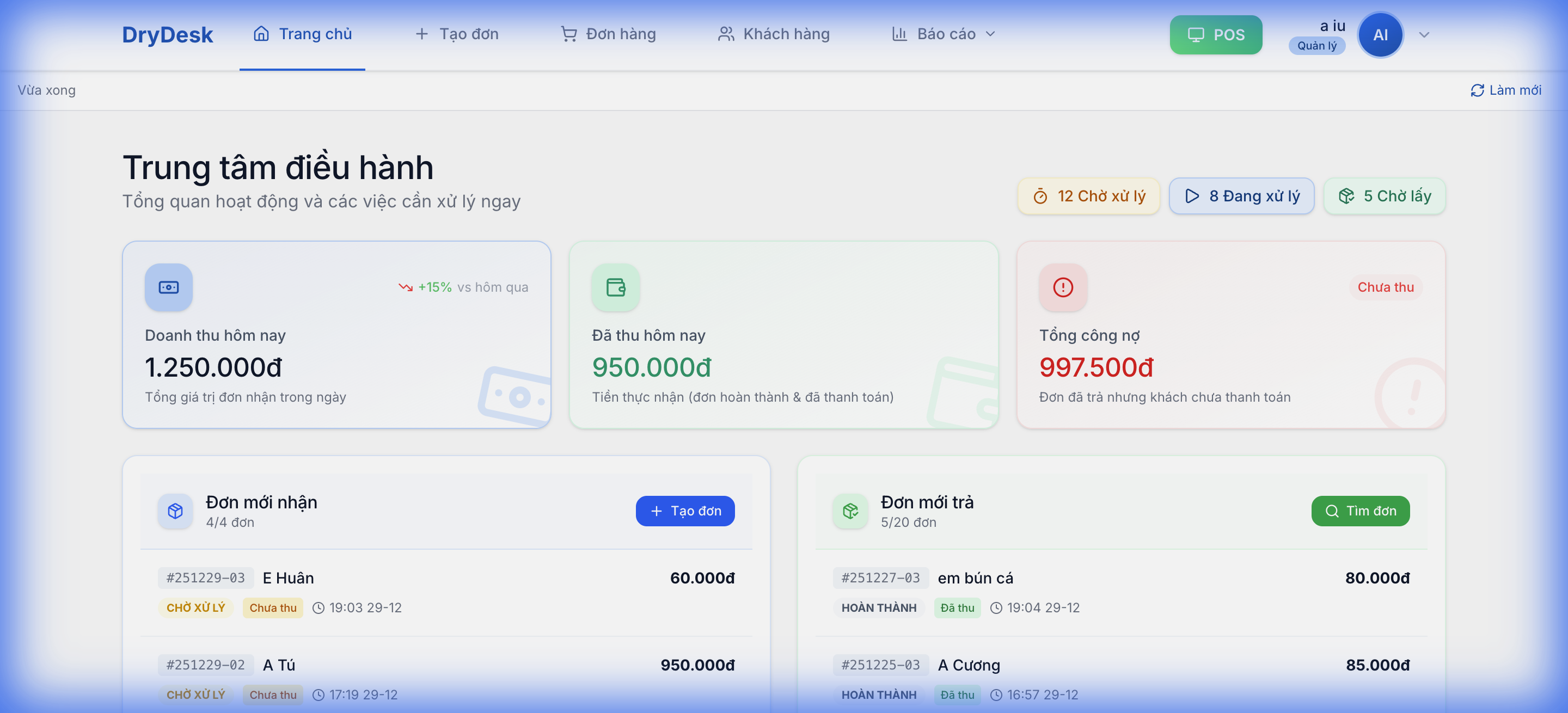 Giao diện phần mềm quản lý cửa hàng giặt là DryDesk trên máy tính