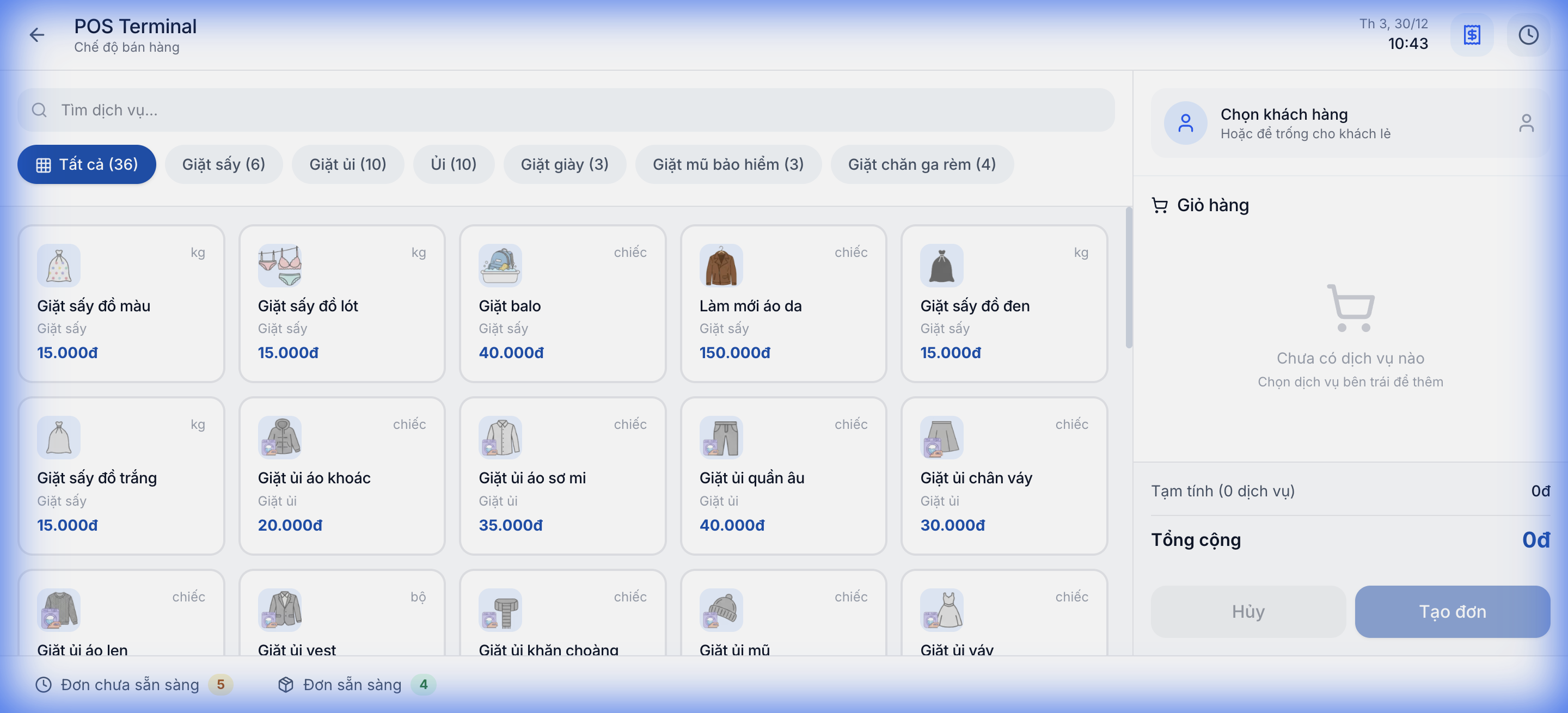 DryDesk POS Terminal - Màn hình bán hàng tiệm giặt